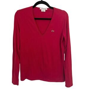 Lacoste T Shirt Women's 38 US M Red V Neck Long Sleeve Logo Preppy Y2K Sporty